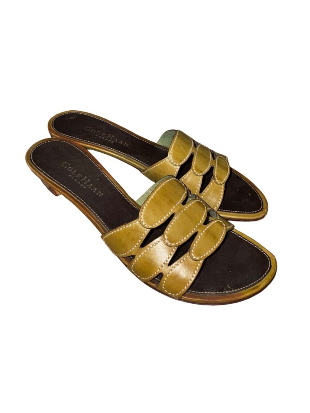 Cole Haan Resort Olive Green Leather Heeled Narrow Sandals Womens 7.5 AA Slip On - Picture 2 of 7